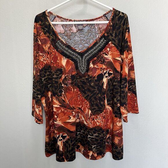 Suzie Couture | Orange & Brown Animal Print Artsy Tunic Top Lagenlook 3X Beaded - Picture 2 of 6